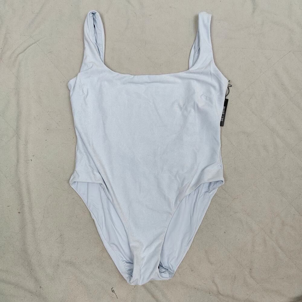 Set Active Swim One Piece Swimsuit Womens Medium Ice Blue Terry Scoop Back NWT